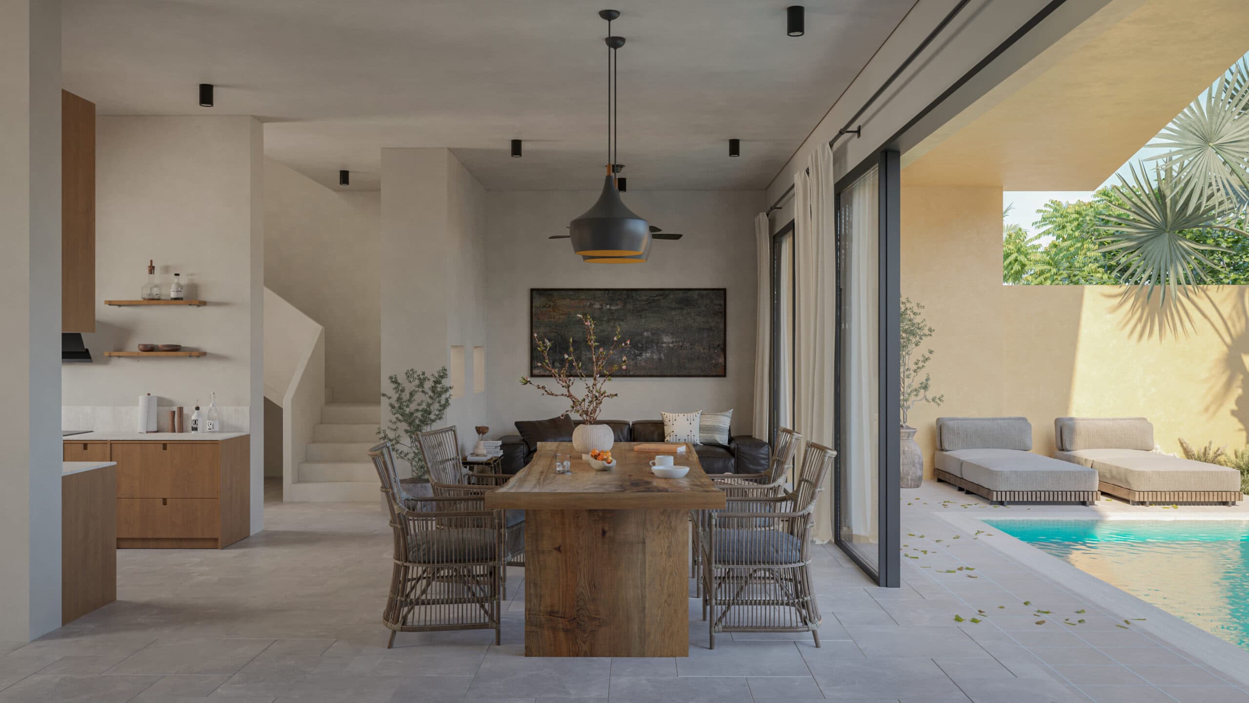 Salon et salle à manger d'une villa conçue par HBA Studio à Marrakech