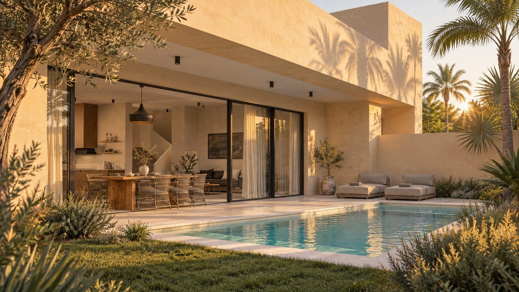 Villa contemporaine et sa piscine vues depuis le jardin, en fin de journée