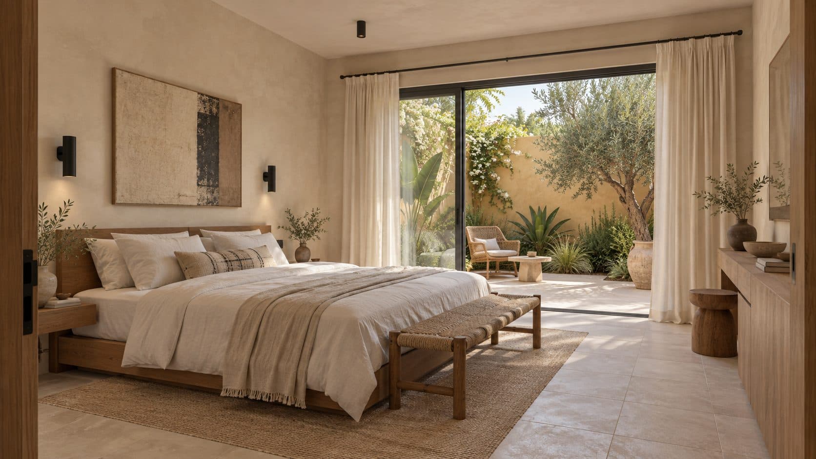 Chambre en enduit clair ouverte sur un jardin planté d'oliviers