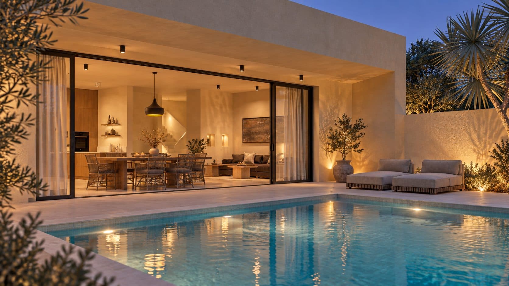 Piscine éclairée la nuit devant une villa dont le séjour est illuminé