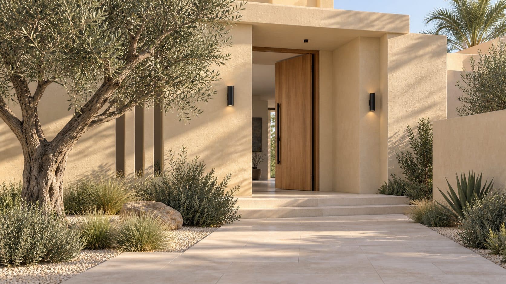 Rendu 3D d'une entrée de villa en enduit sable, olivier au premier plan