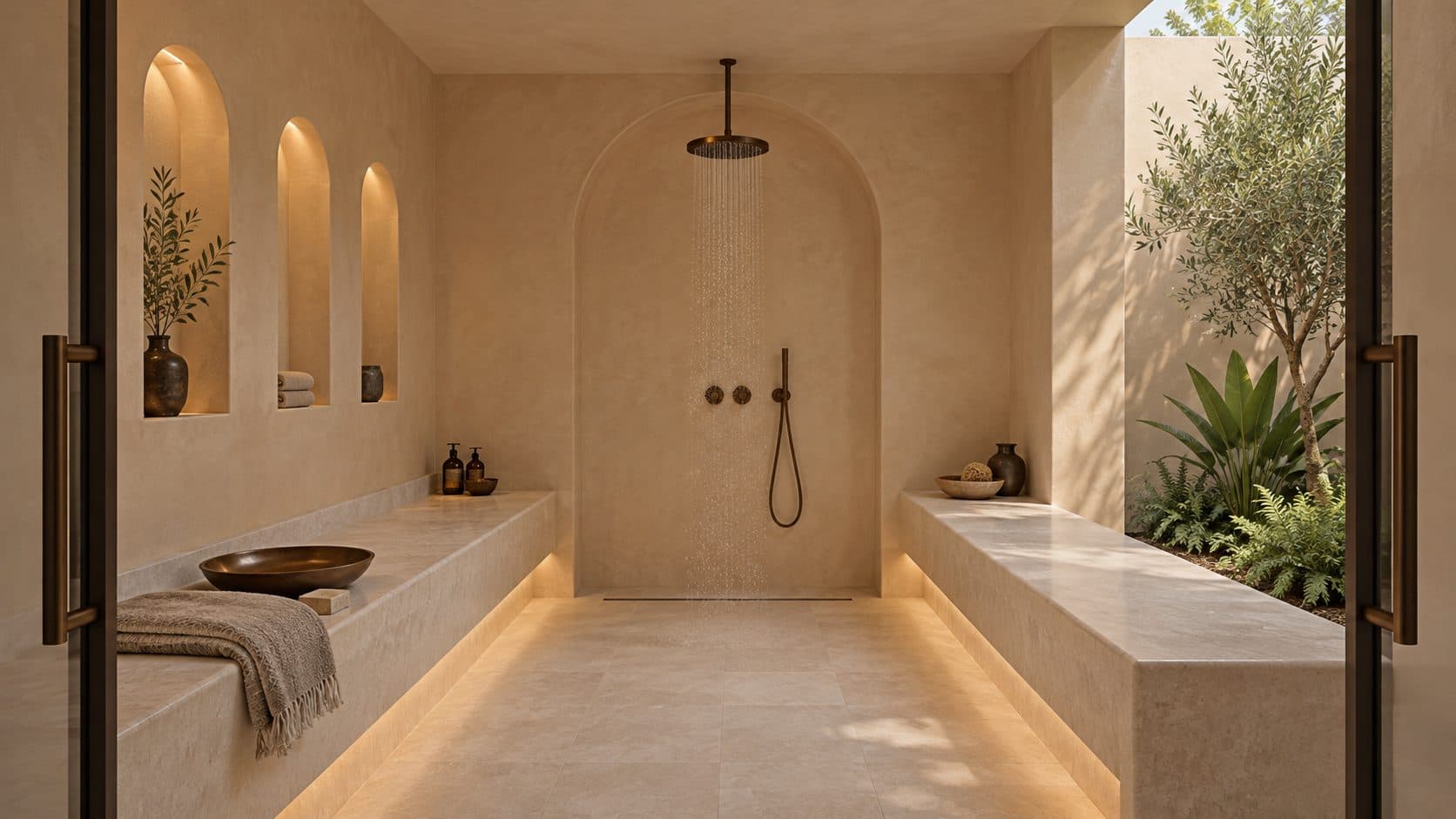 Salle de bain en tadelakt beige, niches éclairées et douche sous une arche